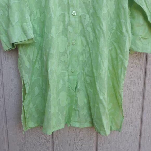 Dialogue Cotton Top Button Up Botanical Leaf Floral Print Neon Green Sz 1X - Picture 5 of 8
